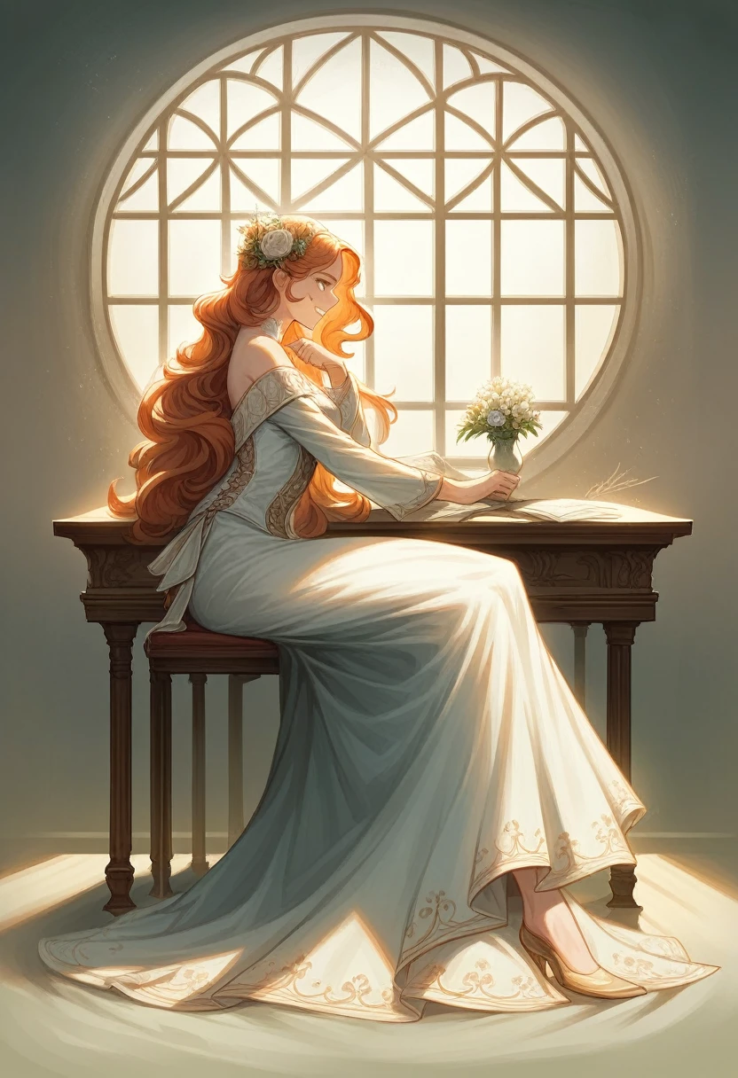 (masterpiece:1.4), (best quality:1.4), fantasy, extremely detailed, intricate, hyper detailed, illustration,soft lighting, 1girl, Orange hair_flower, dress, bend_over , grin, (perfect_face), sitting, desk, ornate, intricate, dramatic lighting, 4k, detailed_background, caustics, full_body, digital_illustration, from_side 