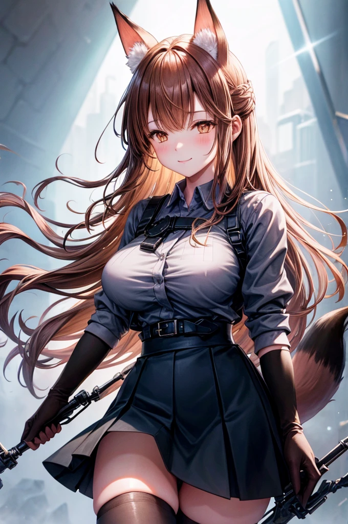 best quality, solo,Franka, 1girl, solo, long hair, large breasts, looking at viewer, flitty, blush, smile, bangs, skirt, large breasts, simple background, brown hair, shirt, thighhighs, gloves, white background, animal ears, hair between eyes, brown eyes, very long hair, closed mouth, tail, short sleeves, black gloves, elbow gloves, collared shirt, black skirt, animal ear fluff, fox ears, fox tail, fox girl, single thighhigh, grey shirt, asymmetrical legwear,