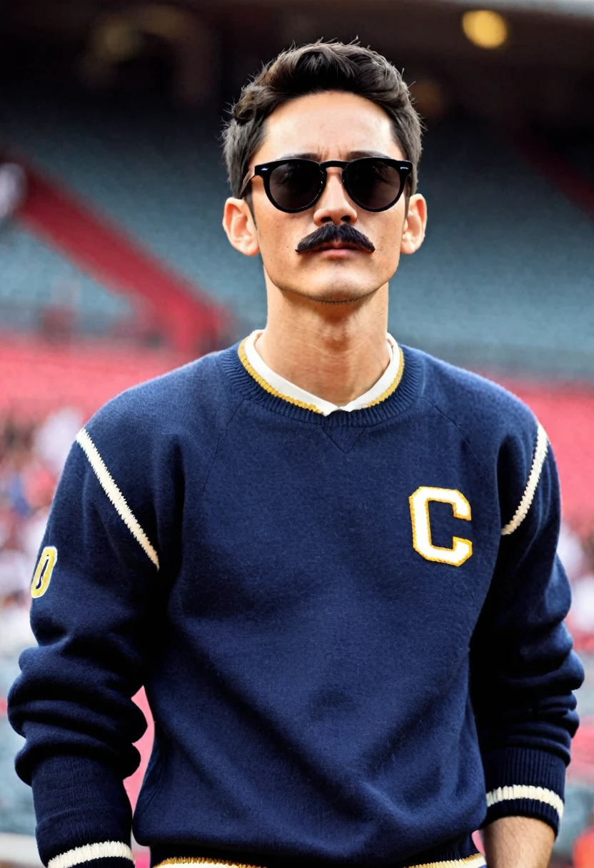 high quality、male、Upper Body、cool、Looking at this、sunglasses、short mustache、gentleman、Stadium jumper