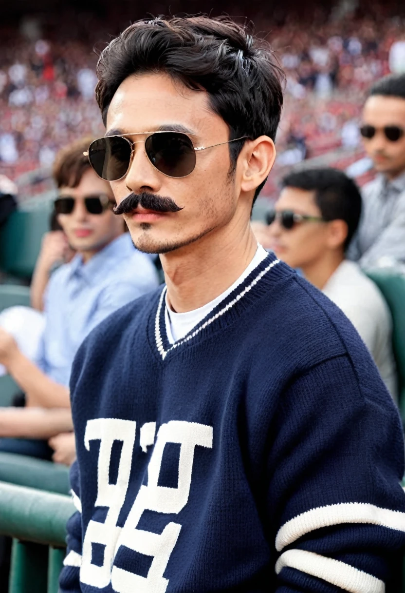 high quality、male、Upper Body、cool、Looking at this、sunglasses、short mustache、gentleman、Stadium jumper