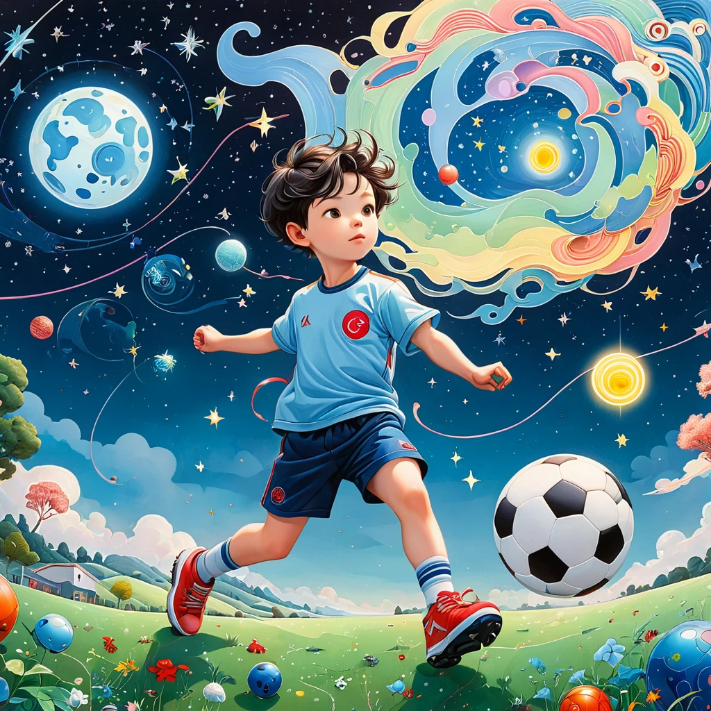 (((James Jean Styles:1.5))),microorganism、boy playing football、starry sky,Stitching an abstract painting,Describing the inner world of autistic people,Sense of space,blank space,interesting,innocence,psychedelic art