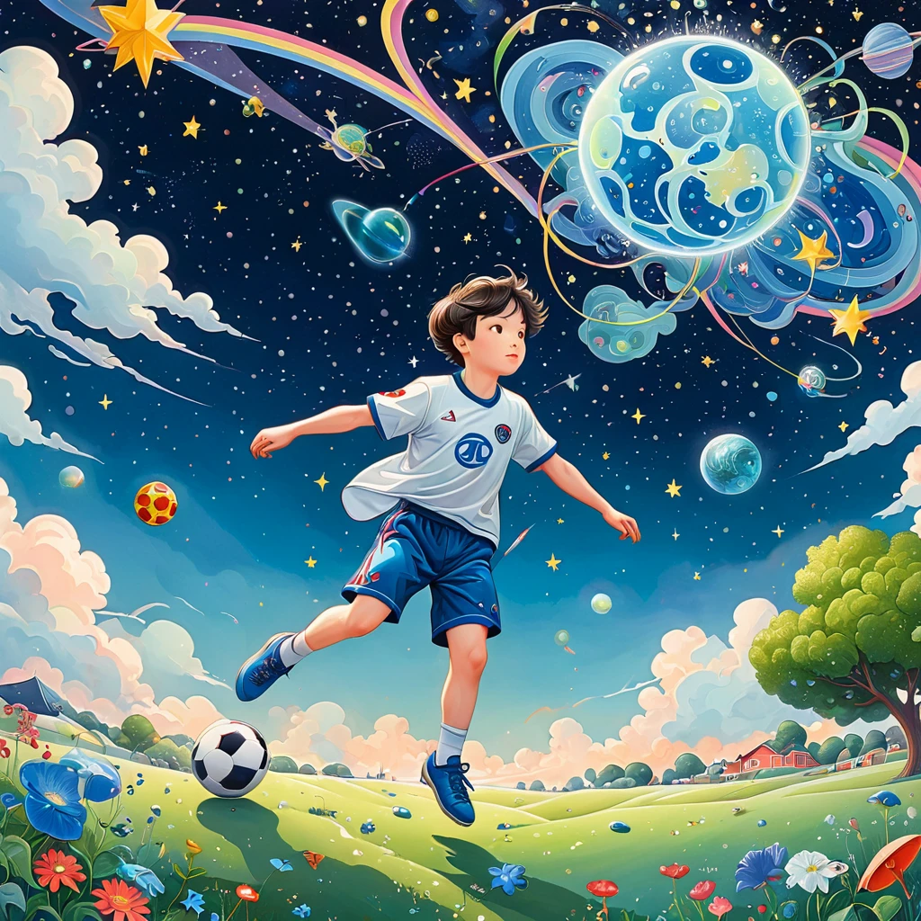 (((James Jean Styles:1.5))),microorganism、boy playing football、starry sky,Stitching an abstract painting,Describing the inner world of autistic people,Sense of space,blank space,interesting,innocence,psychedelic art