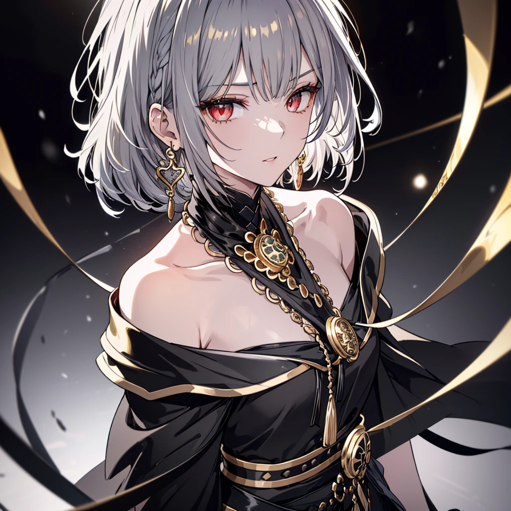 8k,High resolution RAW color art,Anime Art,Silver Marble Skin, (((Very detailed and cool))), Detailed skin, Bokeh、texture,(Exquisitely crafted, The finer details, Ultra-detailed art), (((1 girl))), Depth of written boundary, Silky Touch, Hyper Detail, (((Cool face))), eye shadow、Armed women, Beautiful detailed red eyes, Beautiful lip detail, Highly detailed face, Delicate depiction of hair and eyes, Detailed Fashion, Golden Earrings,Full body depiction, Black half top、(((Shoulder Bare)))、Black shorts、Waist Cloak、black tights、Golden decoration, Grey Hair, Golden bracelet, Straight Hair、Short Hair、(((Hair)))、Simple Background、(((Black theme)))、snow、Side view、Crouch、look up、cloth、cool
