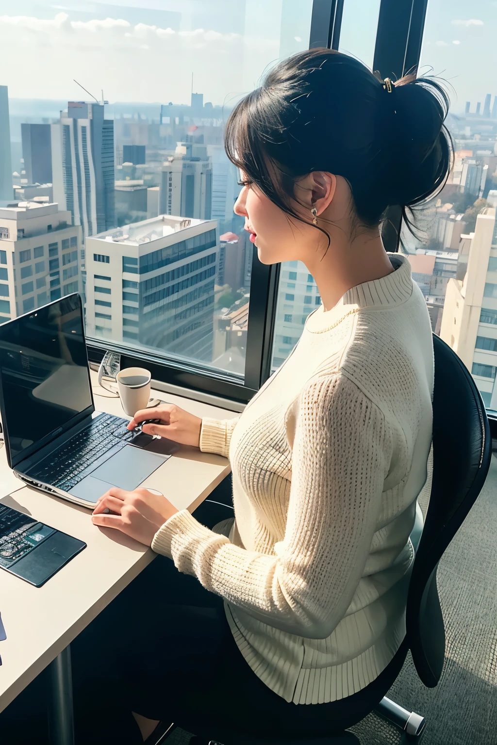 ((best quality)), ((masterpiece)), (detailed), very beautiful women wearing office suite(white and black) pony tail hair style sitting in the office, there is laptop and papper work on the table, many people, (360° camera view), (background 10th floor window office)
