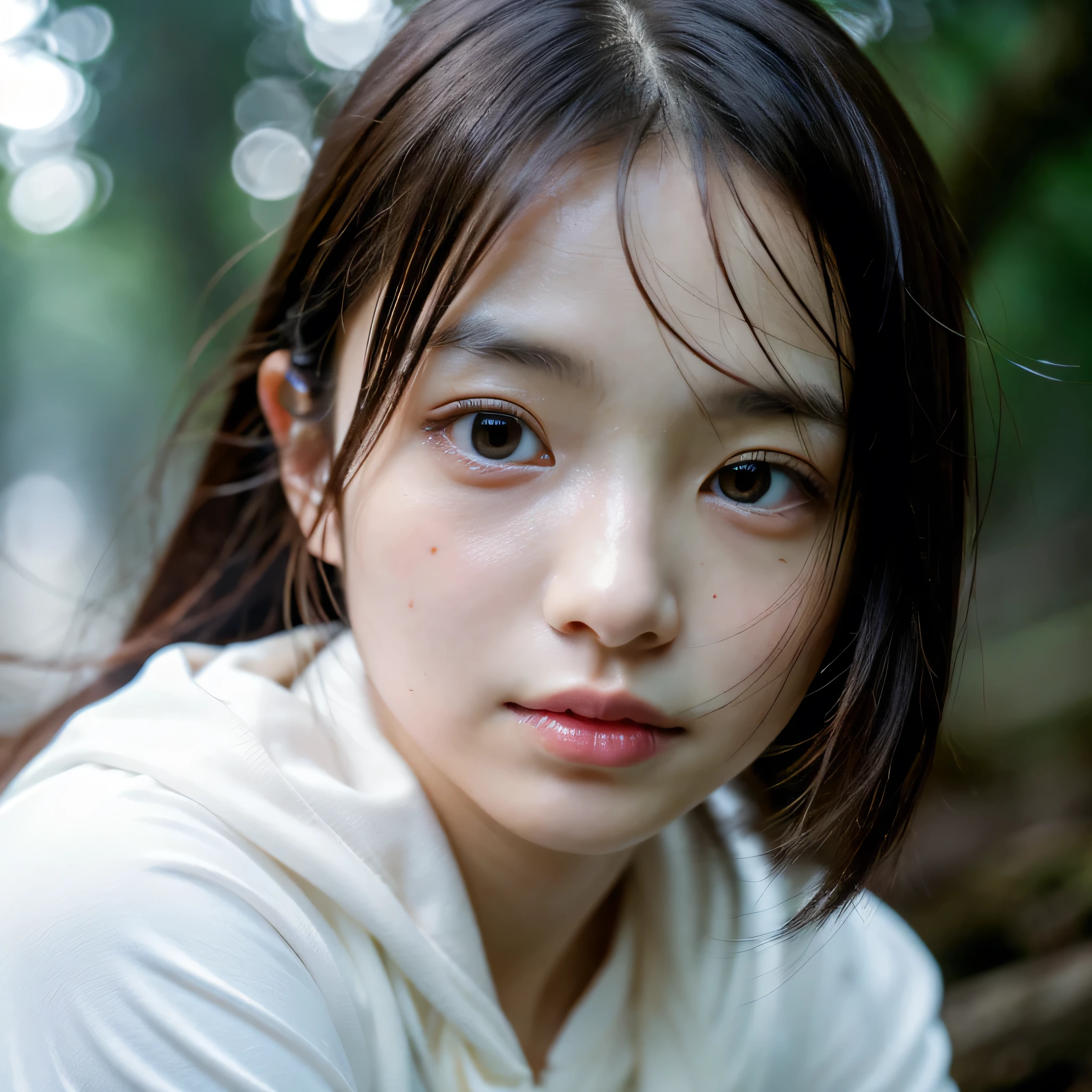beautiful face, best quality,ultra high resnatural light, shiny skin,detailed skin,detailed face,detailed eyes, beautiful japanese girl, in the deep forest, (fog:1.2), raining, puddle, mist, water, pour down, many trees