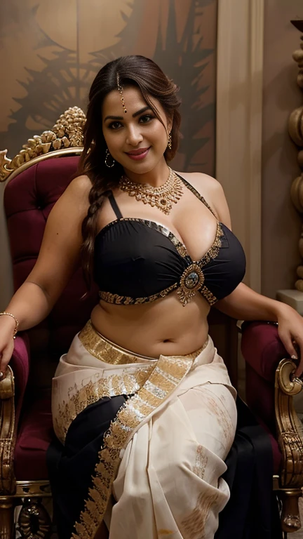 extreme close up photo of Indian goddess, hourglass figure, swooping breasts, deep cleavage, curvy, sitting royal pose on throne in temple, seductive eyes, sultry, French braid hair, black vintage saree, smile, necklace, (cinematic:1.3), intricate details, (ArtStation:1.2)
