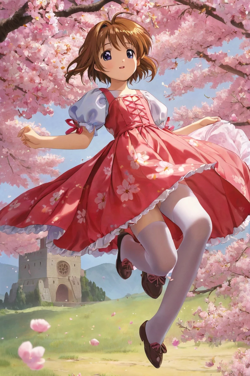 10 year old girl underwear, Sakura Kinomoto、Realistic bloomers made from patterned cotton fabric, Medieval one-piece dress with panniers, Fabric Realism, Low - Angle, I see bloomers, Pull up the dress by hand, Strong winds, Translucent slip, Translucent slip, tights, Highest quality, whole body