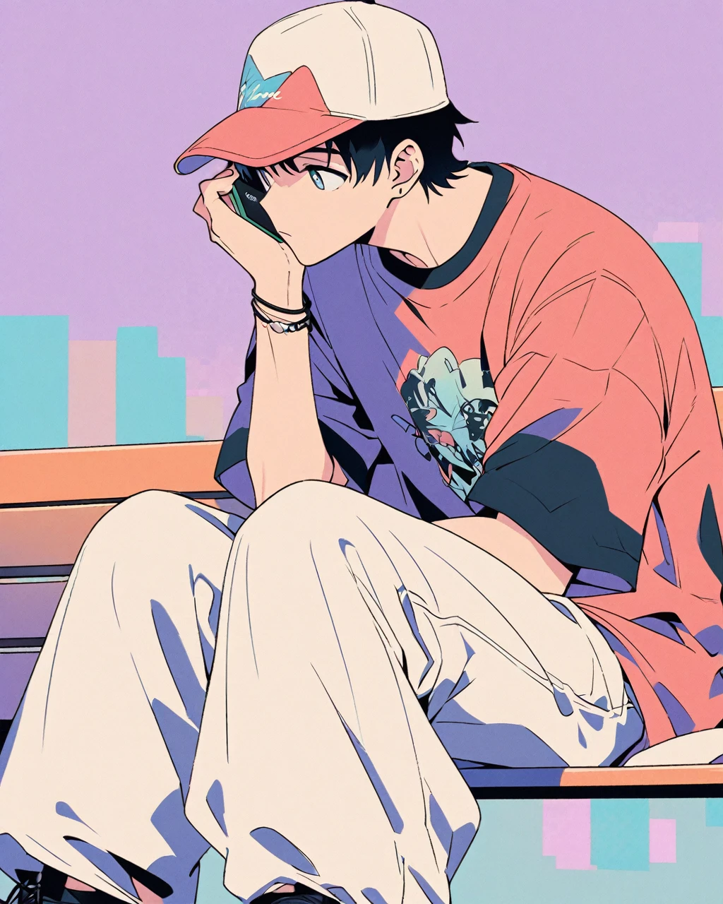 Create a detailed anime illustration of a boy with short hair in a casual streetwear outfit. He should be wearing a baseball cap, baggy pants, and a graphic t-shirt. He is seated on a bench, holding a mobile phone, with a serene expression. Use a two-tone pastel background to highlight the modern and minimalist setting.