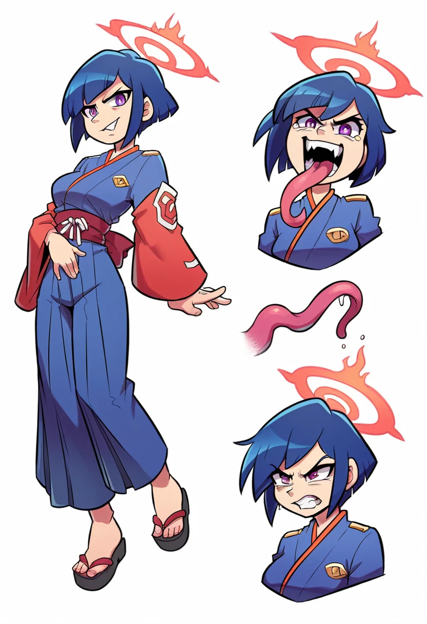 Girl, medium ruffled layered blue hair, purple eyes, open belly, Masterpiece, hiquality, Good detail, sticking out tongue, long tongue, hakama outfit with stomach exposed, half-body shot above waist, fire halo. Expression sheet, fullbody. Smile, angry, sad.