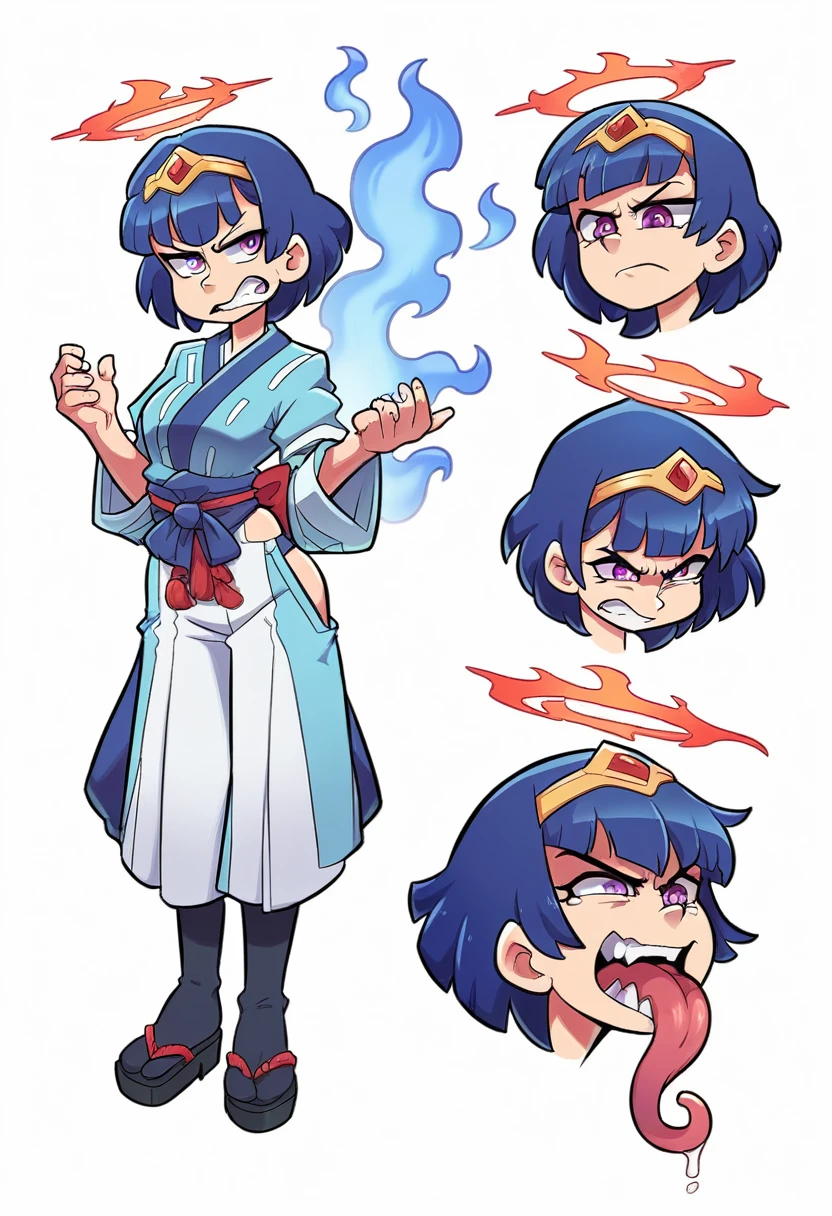 Girl, medium ruffled layered blue hair, purple eyes, open belly, Masterpiece, hiquality, Good detail, sticking out tongue, long tongue, hakama outfit with stomach exposed, half-body shot above waist, fire halo. Expression sheet, fullbody. Smile, angry, sad.