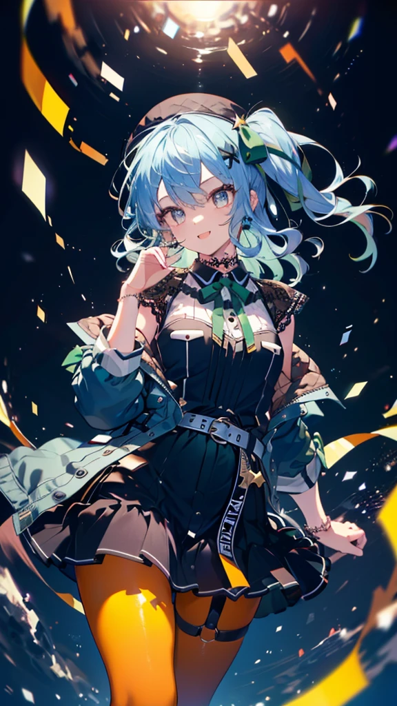 (Ultra-high resolution,masterpiece, Attention to detail, Highest quality), 8k,(sui2, 1girl, 独奏, one side up, Hoshimachi Suisei, orange pantyhose, green ribbon, black skirt, star \(symbol\), off shoulder, blue jacket, jewelry, short sleeves, thigh strap, black shirt, lace choker, miniskirt, neck ribbon, green bow, black choker, belt),(Blessed,Captivating body、Ultra-detailed skin、Super beautiful eyes、Detailed Background),One girl、 (cheerful ,enjoy :1.5),