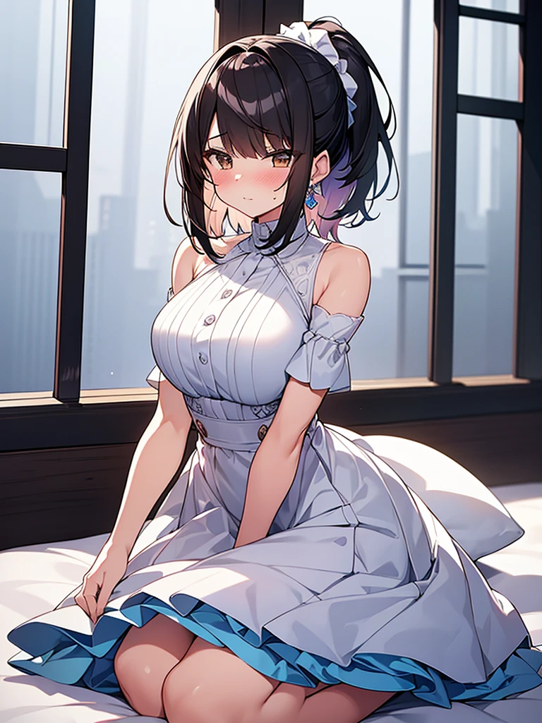 Anime drawing with vivid colors Tall woman:1.9 Cosplay Costume White Wedding Dress Mini Skirt Big  Sweat Naked:1.9. Blushing cheeks: Daytime:1.3 On the bed, white sheets, short black hair, ponytail:1.9 Straight hair Hair tie Sweep bangs to the side:1.9. Slanted eyes, brown eyes, tall, strong-willed, beautiful