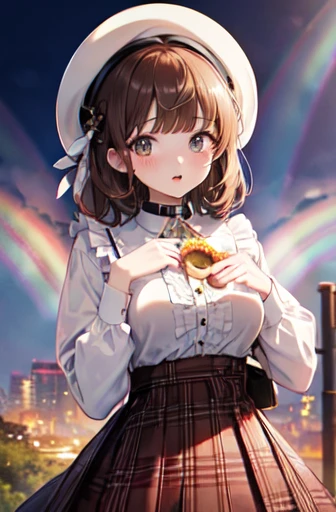 （In 8K, Highest quality, Tabletop:1.2)、Ultra-high resolution, 1 16-year-old female,((petal collar shirt)),Highly detailed face,Deep and detailed,Brown Hair,Blunt bangs,(donut hair)、burberry check beret,Burberry check tiered skirt,(Rainbow light:1.4)、Detailed fingers、solo,I was surprised,Open your mouth,standing in the middle of the railroad tracks、Large Breasts