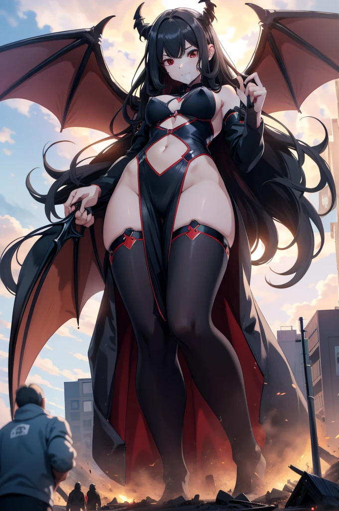giant girl 50,0000000 feet high,, Have a pair of long legs,Possessing a pair of huge blood-red demon wings,And a pair of blood-red devil eyes,Has black waist-length hair,Loose hair,Wearing a pair of high heellack curly hair,Holding a demon sword,A look of enjoyment,Standing tall in a small town crowded with people, destroying them wantonly,It seems like an invincible existence