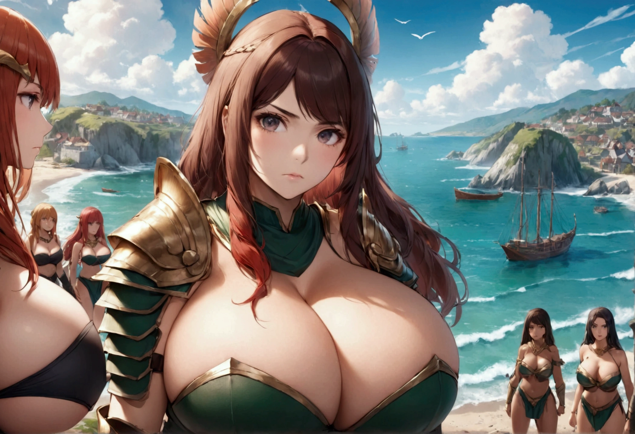 The head of the Amazons standing in full armor. Behind them are about 100 Amazons. A seaside village is visible in the background. giga_busty