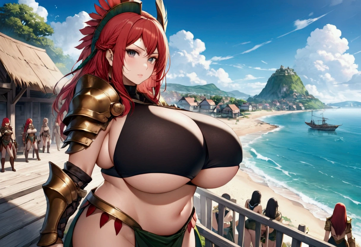 The head of the Amazons standing in full armor. Behind them are about 100 Amazons. A seaside village is visible in the background. giga_busty