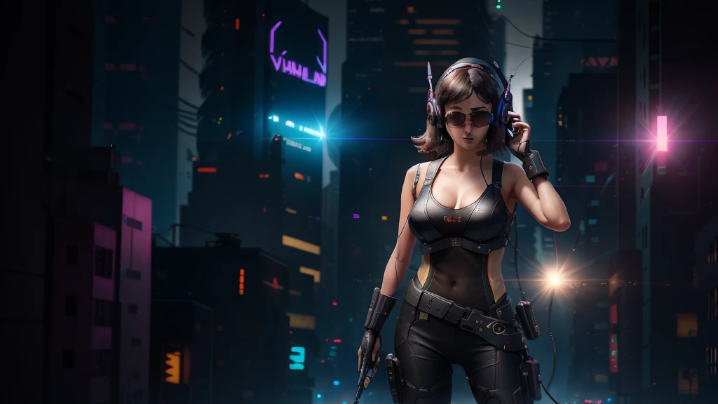 Cyberpunk city, Blade Runner vibes. 8k octane render, in style of Beeple, Dan Mumford. (((((1girl, solo, alone))))), large-breast:1.2 slim body, cleavage:1.1, sexy miniskirt, ((((headphone, black sunglasses, standing and holding pistol pose)))), (((((half-body thigh level medium shot))))), cinematic lighting, lens flare, ray tracing.