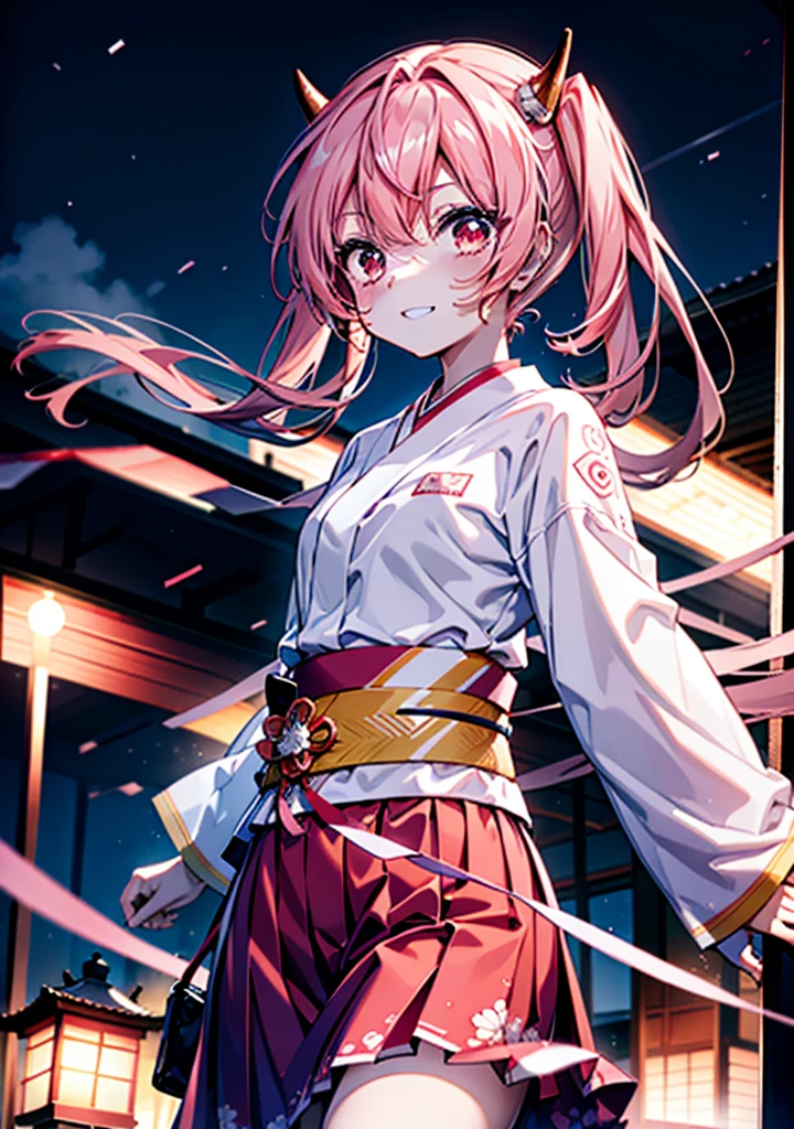 Aria h kanzaki,horn,Pink Hair,Long Hair,low 　Twin tails,小さいhorn,Red eyes,happy smile, smile, Open your mouth,pink kimono,Thick sleeves,Long skirt,日本のfestival,夏festivalの屋台,Red Lantern,night,night空のfirework,firework,場所はfirework大会,時間はnightです,sunny day,turn around,as if,walk,　　　　　　　　　　　　　　　  　　　　　break looking at viewer, Upper Body, (Cowboy Shot:1. 5),  　　　　　
break outdoors, festival,shrine,
break (masterpiece:1.2), Highest quality, High resolution, unity 8k wallpaper, (shape:0.8), (Beautiful attention to detail:1.6), Highly detailed face, Perfect lighting, Highly detailed CG, (Perfect hands, Perfect Anatomy),