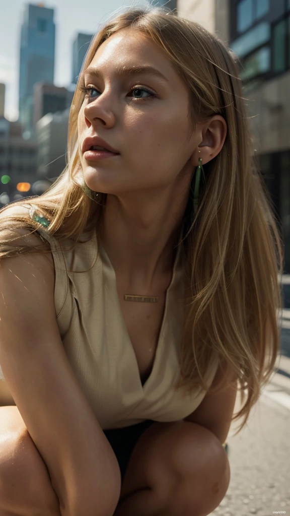 (Masterpiece), (best quality, height, Highly detailed, illustration), 1 girl, alone, city, Contemporary, profile picture close up, long beige blonde hair, green eyes, Beautifully detailed eyes, squatting, earphones, 8ก, Trending on artstation, Featured on Pixiv