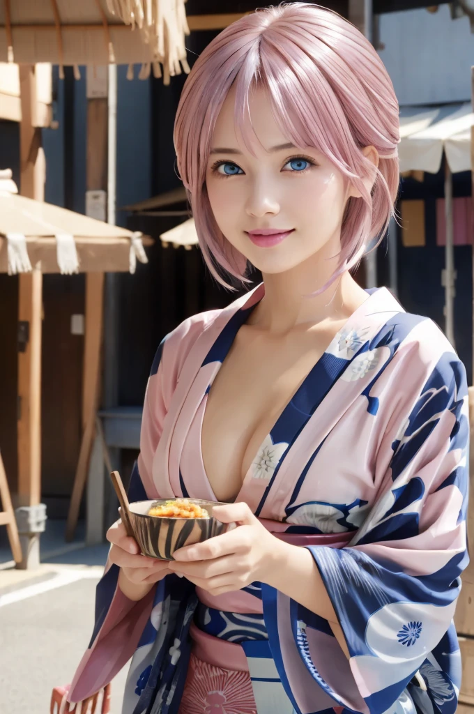 Tabletop、Realistic、Highest quality、Highest quality、masterpiece、Ultra-high resolution、RAW Photos、Realistic、Bright lighting、Face Light、Smooth Professional Lighting、Highest quality、masterpiece、Ultra-high resolution、(Photorealistic:1.4)、RAW Photos、Detailed CG image quality, Beautiful poop、One Girl、Japanese、Age 25、(blue eyes:1.2)、Pink lipstick、Laughter、(Pink hair:1.4), (Short length yukata:1.4)、Cleavage、Detailed portrait、8K quality、Concept Art、A dramatic, cinematic atmosphere、Sharp focus、Blurred foreground、Blurred Background:1.3, soft smile, (A young woman in a yukata walking along a road with many food stalls)