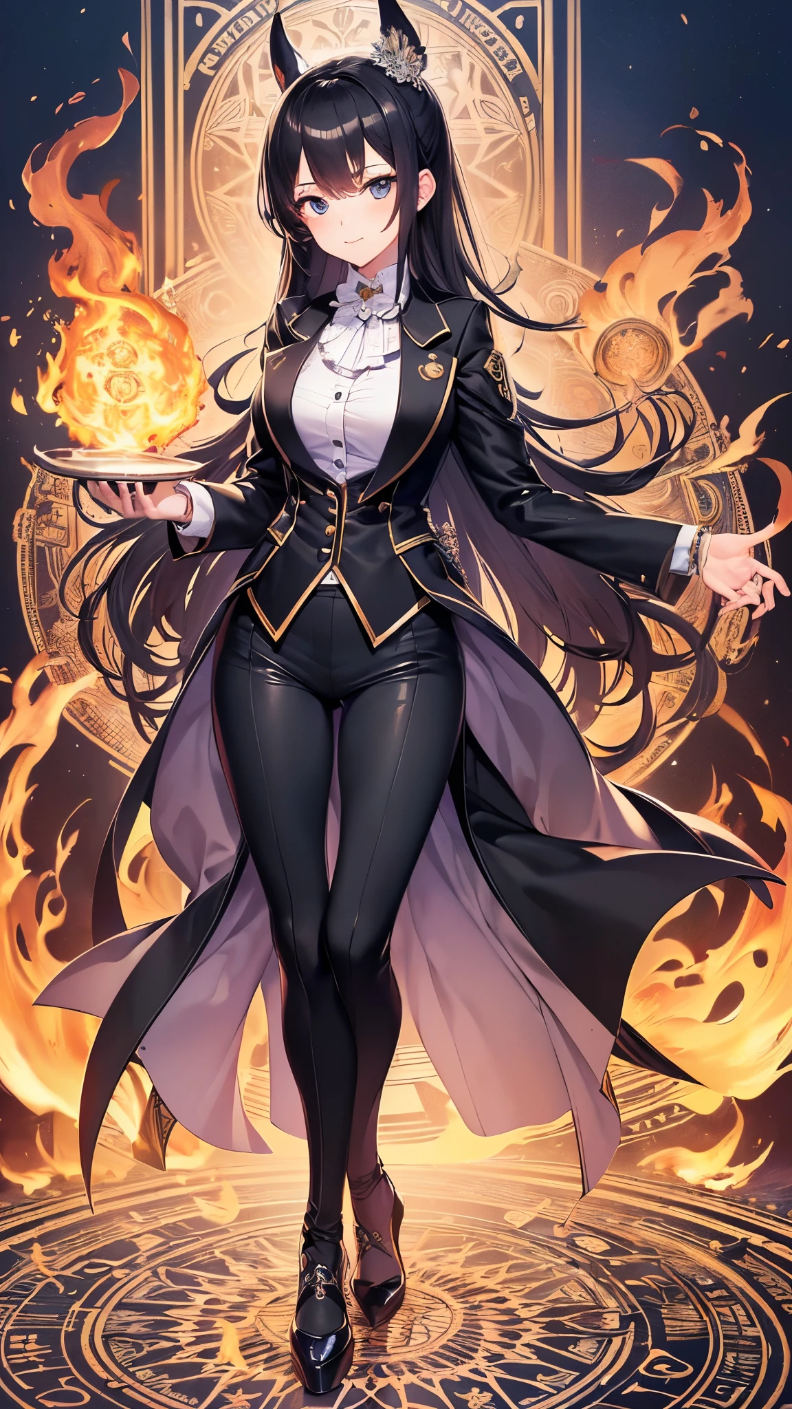 ((Highest quality)),(Ultra-high resolution),(Super detailed),(Detailed Description),((The best CG)),(masterpiece),Highly detailed art,(Art with precise detail:1.5), (A woman wearing a neatly tailored suit:1.6),(Handsome face:1.3),Confident expression:1.3,(Enamel pumps:1.4), (Stand on the magic circle of fire:1.5),(Rising flames:1.6)