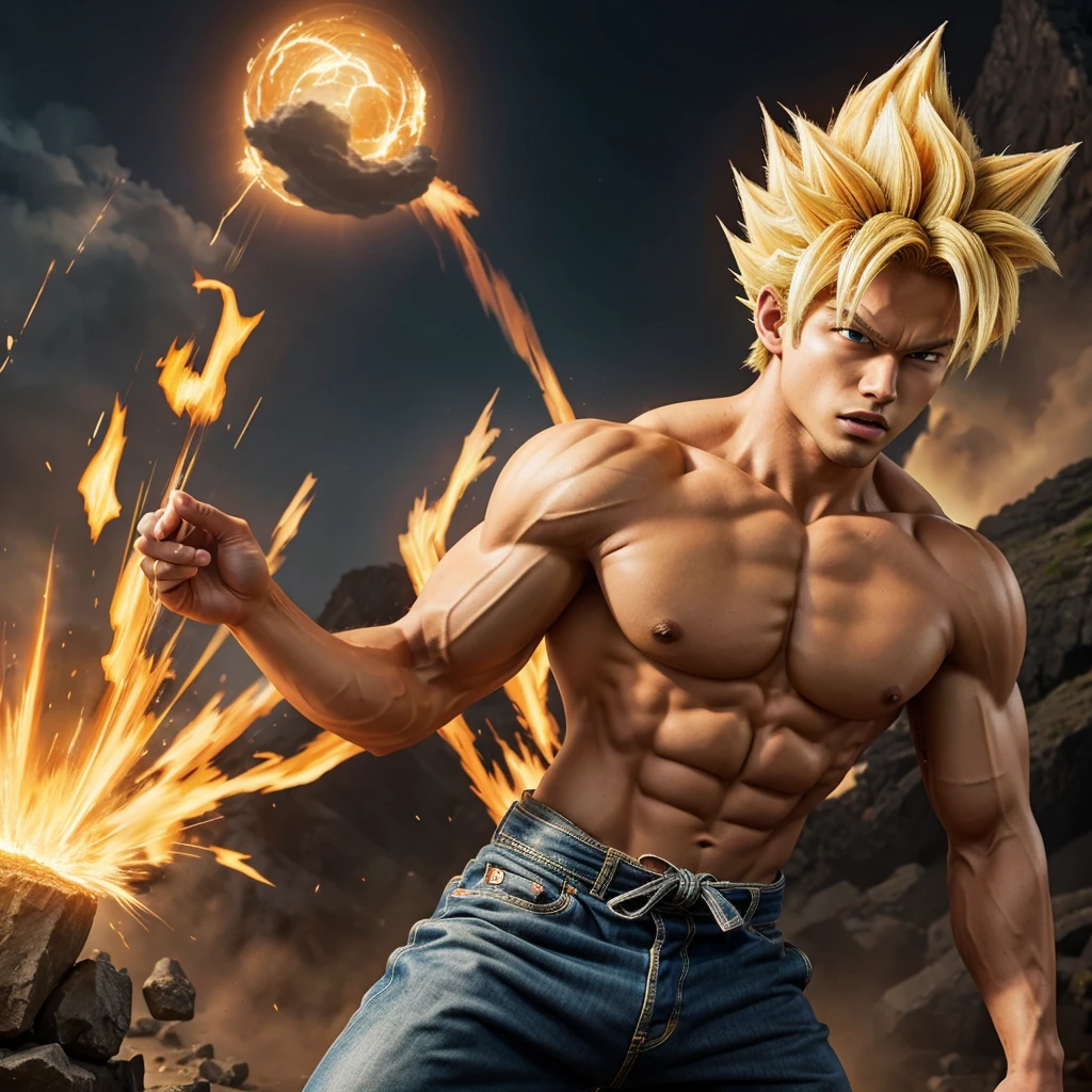 Son Goku, 1boy,, blonde, muscular, solo, super saiyan, ((masterpiece))