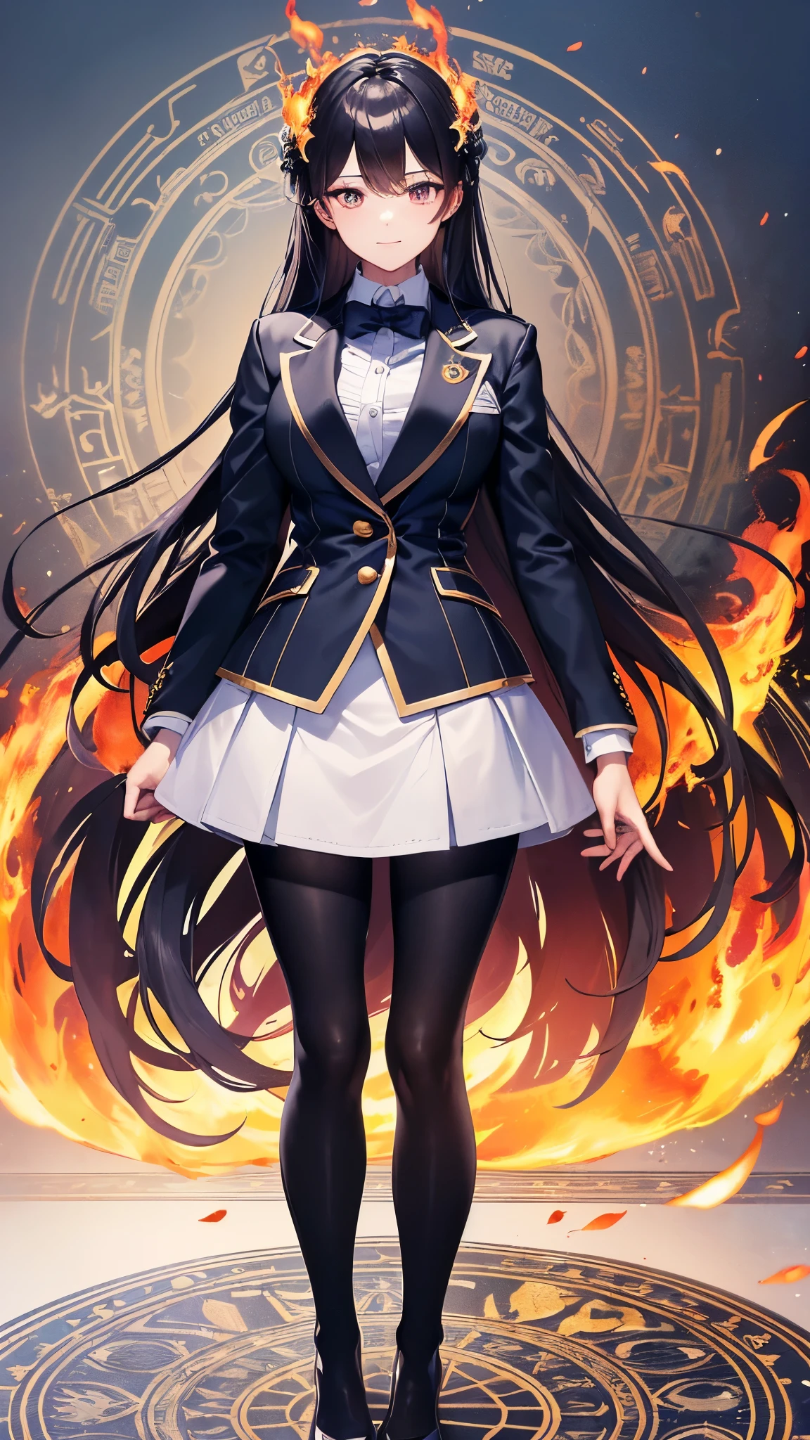 ((Highest quality)),(Ultra-high resolution),(Super detailed),(Detailed Description),((The best CG)),(masterpiece),Highly detailed art,(Art with precise detail:1.5), (A woman wearing a neatly tailored suit:1.6),(Handsome face:1.3),Confident expression:1.3,(Enamel pumps:1.4), (Stand on the magic circle of fire:1.5),(Rising flames:1.6)