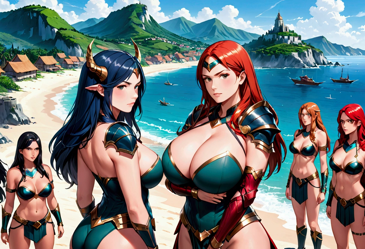 The head of the Amazons standing in full armor. Behind them are about 100 Amazons. A seaside village is visible in the background. giga_busty