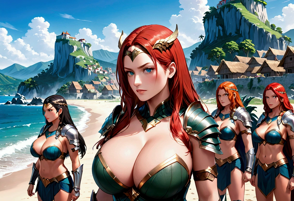 The head of the Amazons standing in full armor. Behind them are about 100 Amazons. A seaside village is visible in the background. giga_busty