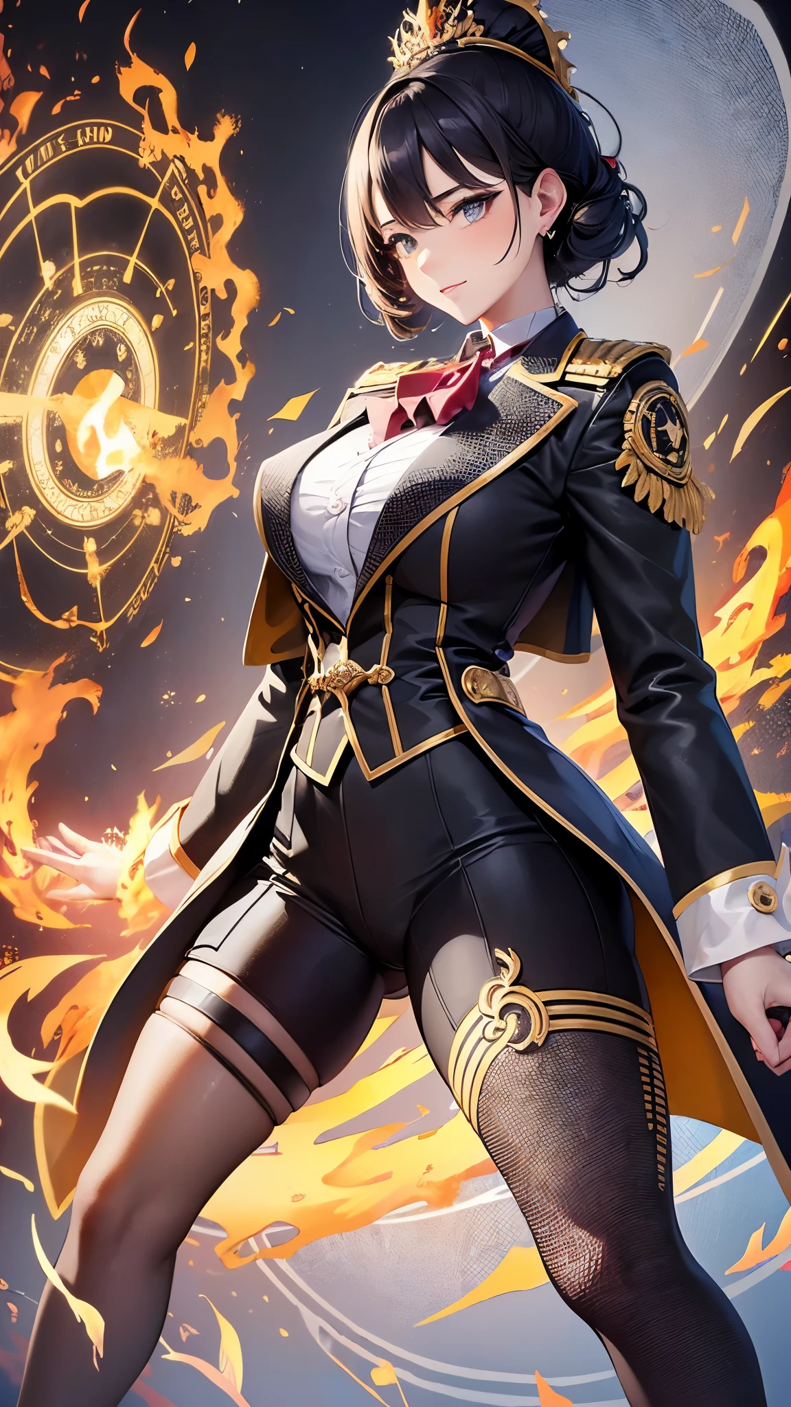 ((Highest quality)),(Ultra-high resolution),(Super detailed),(Detailed Description),((The best CG)),(masterpiece),Highly detailed art,(Art with precise detail:1.5), (A woman wearing a neatly tailored suit:1.6),(Handsome face:1.3),Confident expression:1.3,(Enamel pumps:1.4), (Stand on the magic circle of fire:1.5),(Rising flames:1.6)