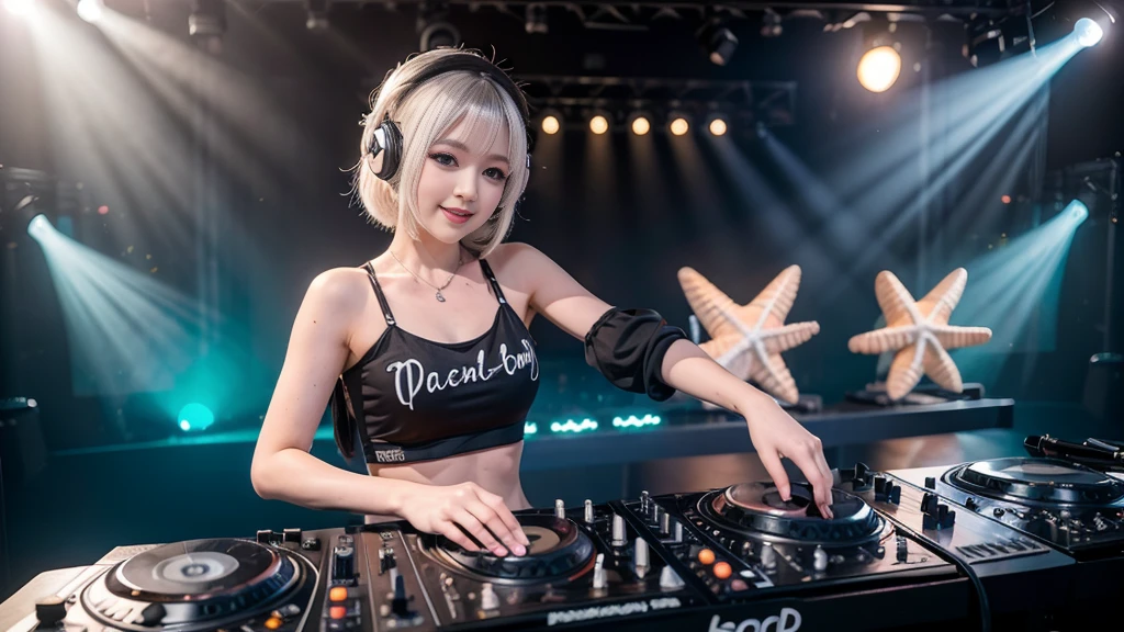 (ultra - detailed, 16K resolution, Cinema lenses, rendering by octane), (high resolution:1.18), intricate detail, (masterpiece:1.1), (highest quality:1.1), (1girl, portrait, white hair, blue eyes, short hair, detailed eyes),Wearing silver DJ headphones, sequined T-shirt, (in the beach:1.5), (Iconic hip-hop pop costumes:1.3), Smile while DJing on stage, DJ studio next to the beach, ((A stylish DJ stage on a hill overlooking the beach)), full body shot, Photorealistic photography by Sunshine, (cute round face:1.3), perfect fingers, five fingers, beautiful hands, perfect hands. master peace, cute smile, Fixhand.