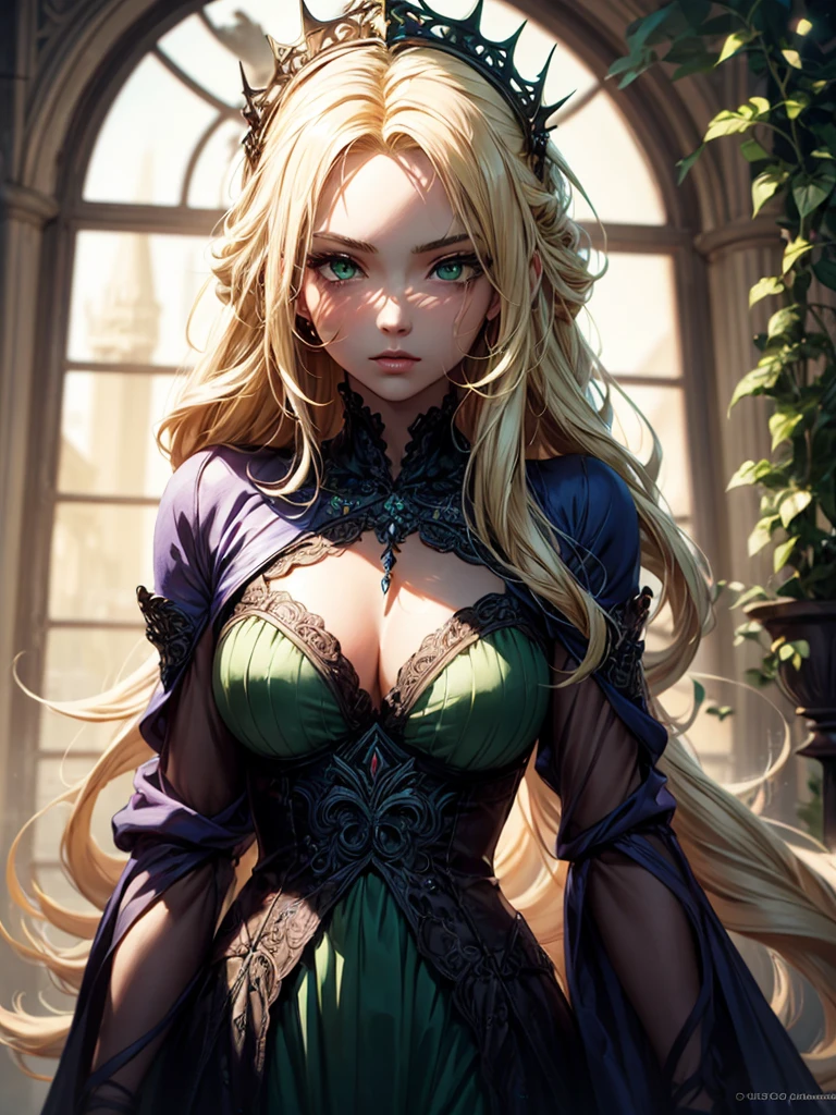 Flower Princess, Rapunzel, Beautiful, Glowing yellow glow, Long blonde hair, Green eyes, Lilac flower dress, Green ivy, Nice young face, Soft tan skin, Concept art portrait by Greg rutkowski, Art germ, Ultra-detailed and intricate Gothic art trends in Artstation ternary colors, Fantastical, intricately details, Splash screen, Complementary colors, fantasy concept art, 8K resolution, Oil painting, Heavy strokes
sultry look, seductive,