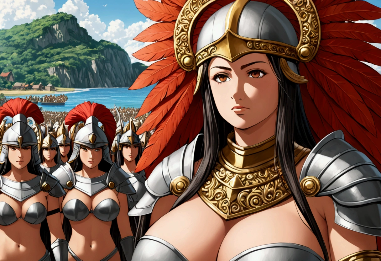 The head of the Amazons standing in full armor. Behind them are about 100 Amazons. A seaside village is visible in the background. giga_busty