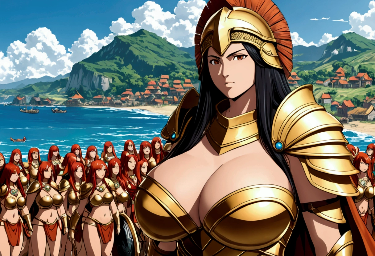 The head of the Amazons standing in full armor. Behind them are about 100 Amazons. A seaside village is visible in the background. giga_busty