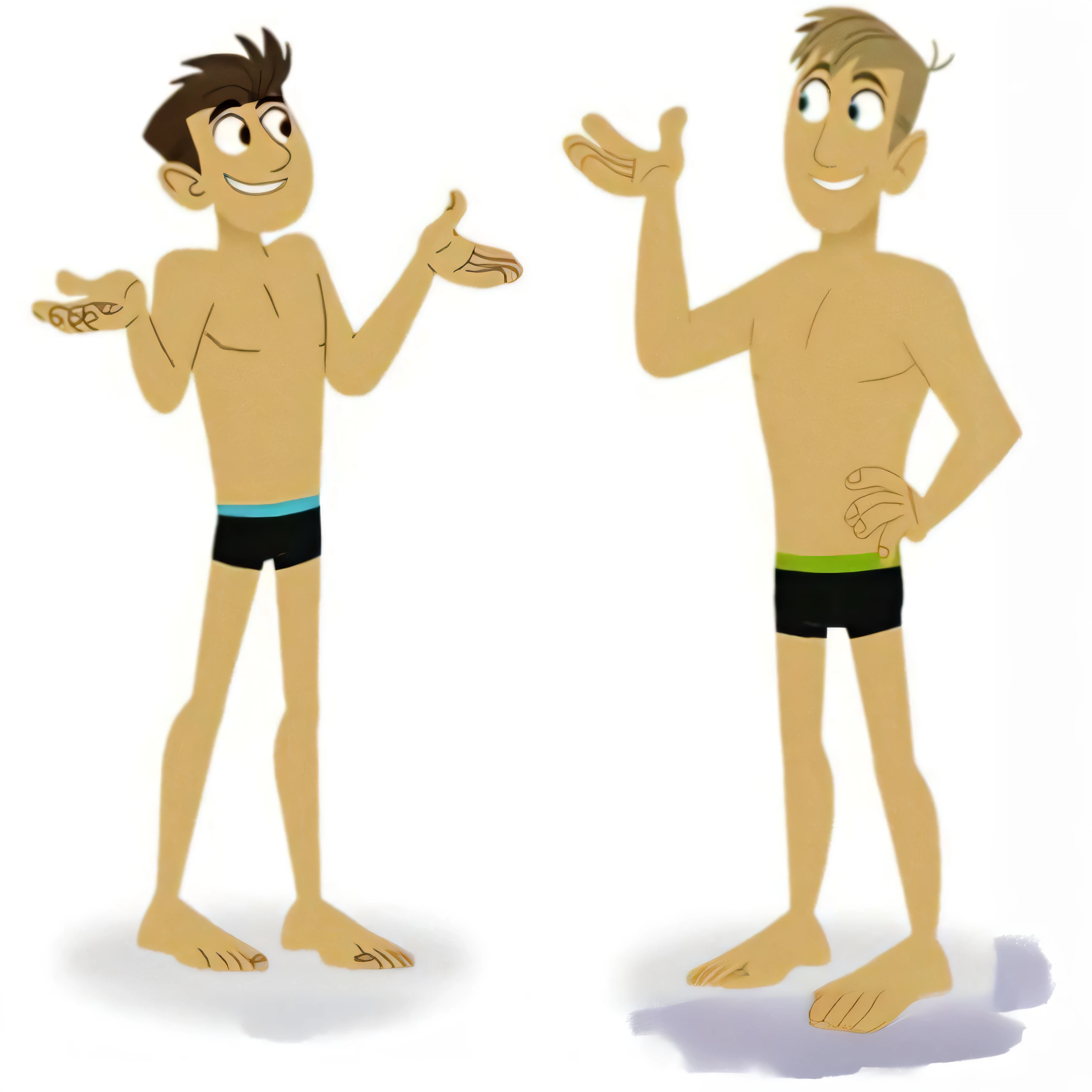 two cartoon men in swim trunks are standing and talking, wearing loincloth, loincloth, two skinny figures, cartoon image, concept art of single boy, two skinny old figures, wikihow illustration, funny illustration, cartoon illustration, adult swim style, illustration!, two skinny old people, cartoon, tall and slim figured, animation still, shirtless, 2 d cartoon