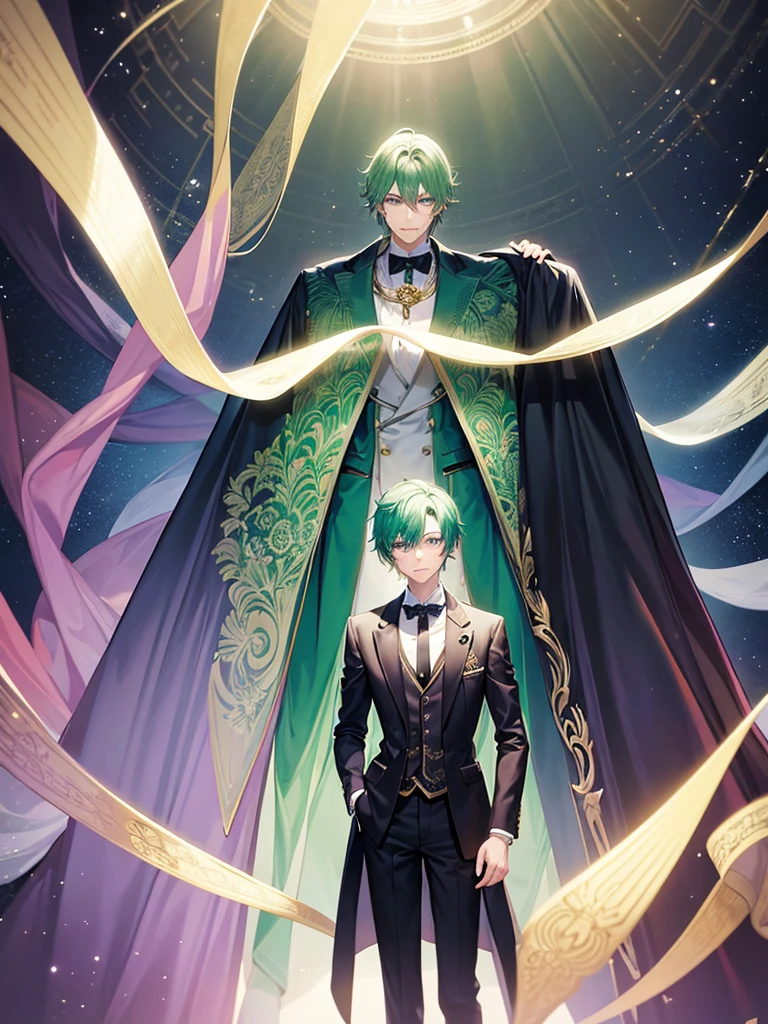 There are two elegant boys, the first boy has green hair and black and dark green clothes. The second boy has purple hair with white clothes, anime characters dressed in formal clothes standing next to each other, neo-romanticism, two handsome anime men, one man with green hair and the other man with purple hair, akehiko inoue y ross tran, two men, elegant anime key visual, beautiful androgynous prince androgynous prince