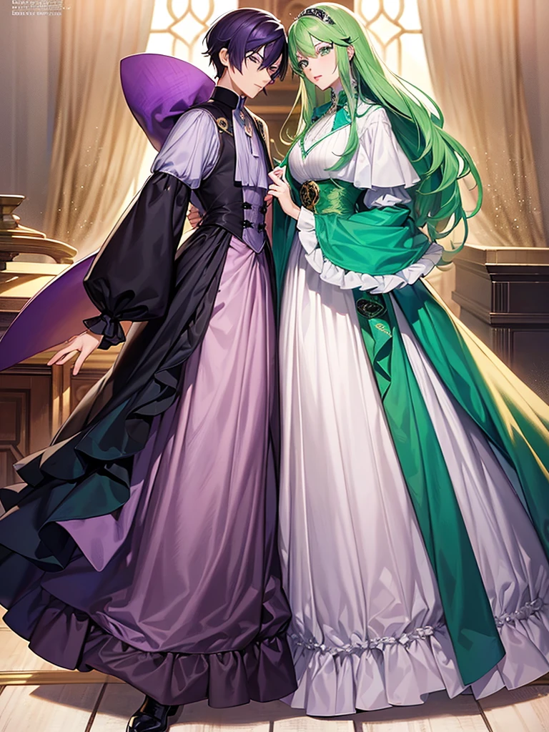 There are two elegant boys, the first boy has green hair and black and dark green clothes. The second boy has purple hair with white clothes, anime characters dressed in formal clothes standing next to each other, neo-romanticism, two handsome anime men, one man with green hair and the other man with purple hair, akehiko inoue y ross tran, two men, elegant anime key visual, beautiful androgynous prince androgynous prince