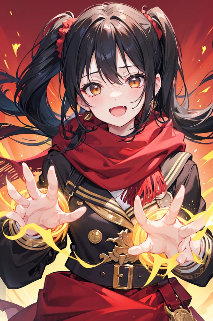 side ponytail, stupid hair, portrait, passionate fool, girl, Laugh loudly and energetically, golden eyes, red cloth scarf, B cup, Black Jacket, hero