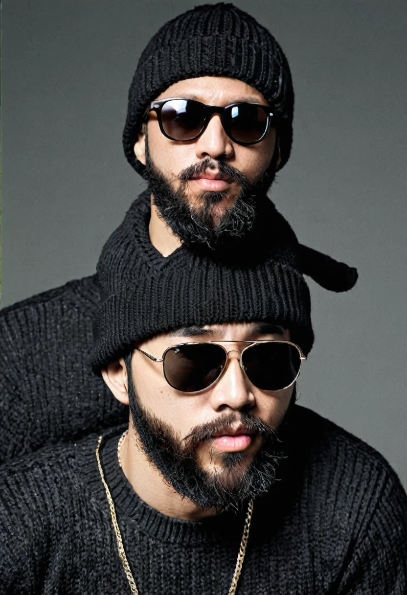 super high quality、male、Knitted hat、black、Upper Body、sunglasses、Beard、Rapper、Game Shirt、monotone