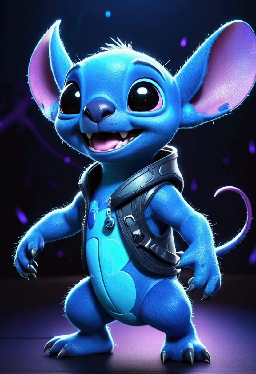 futuristic stitch character, disney, 3d, 8k, highy detailed, digitalpainting, illustration, artistry, 3D style Pixar animation, dark futuristic background
