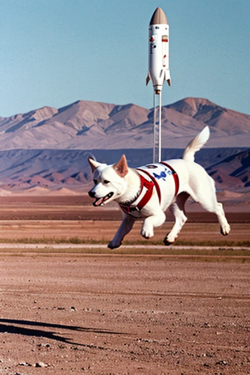 white dog flies on a future rocket to a Martian base
