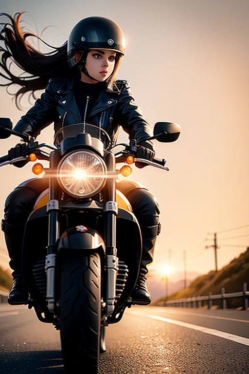 a girl riding a motorcycle, leather jacket, helmet, boots, sleek black motorcycle, wind-blown hair, confident expression, scenic road, sunset lighting, vibrant colors, high-res details, realistic painting, studio lighting, minimalistic background, powerful presence, rugged beauty