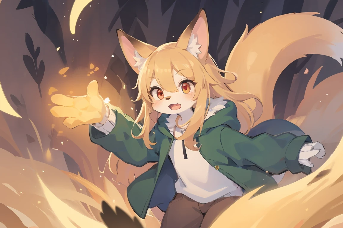 flat color, shota the fox, , was hairy, shaggy, skin fur, smooth lashes, golden fur, forelimb hands, straight long blonde hair, solid circle eyes, golden ears, golden fur, golden facial fur, shiny hair, red eyes, super cute face, 1fox tail, fluffy tail, furry tail, glowing eyes, green coat green hood down, brown trousers, open mouth, ambient light, ultra-fine fur, dashed eyes, masterpiece, high quality, high-details, best quality, (solo)