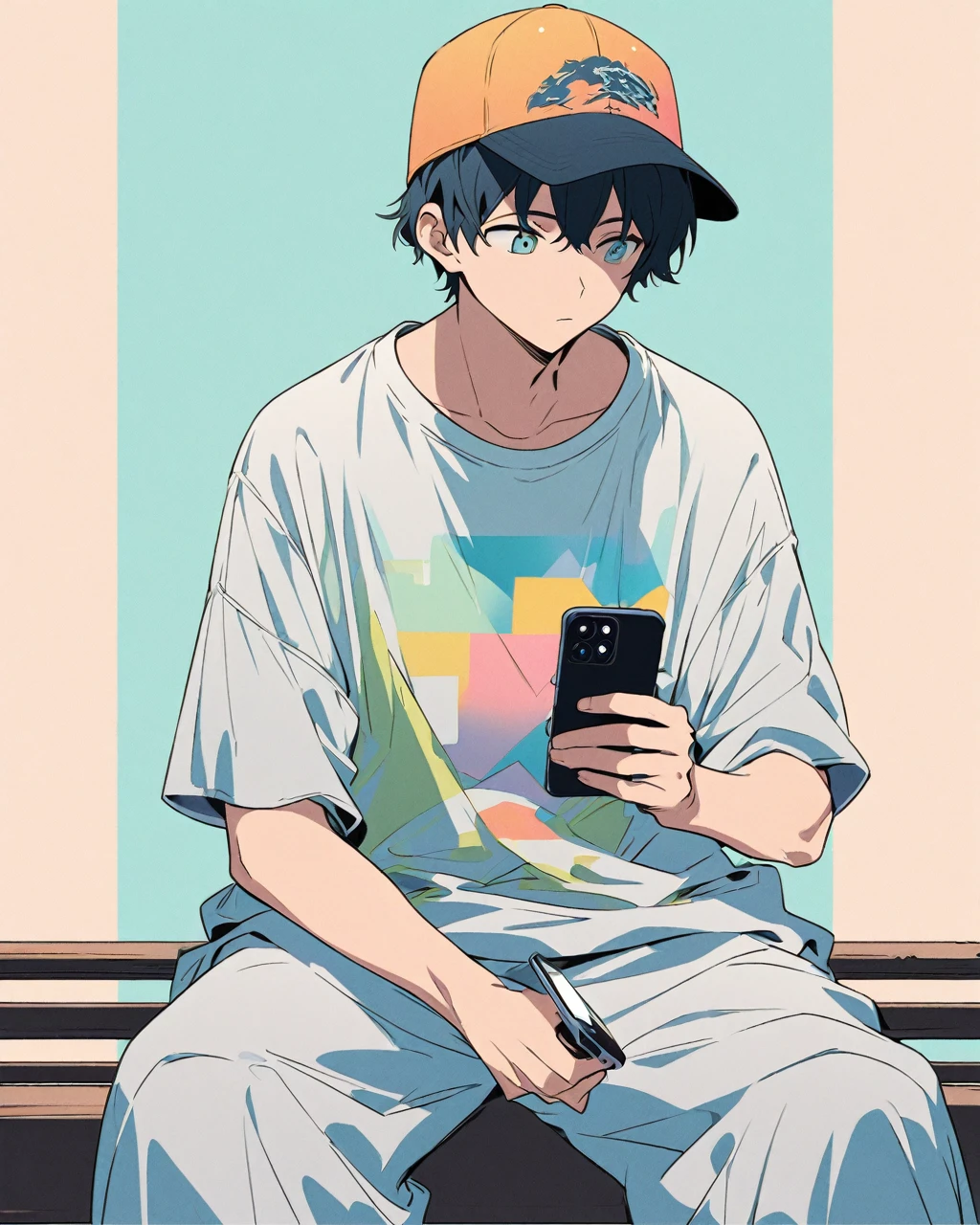 Create a detailed anime illustration of a boy with short hair in a casual streetwear outfit. He should be wearing a baseball cap, baggy pants, and a graphic t-shirt. He is seated on a bench, holding a mobile phone, with a serene expression. Use a two-tone pastel background to highlight the modern and minimalist setting.