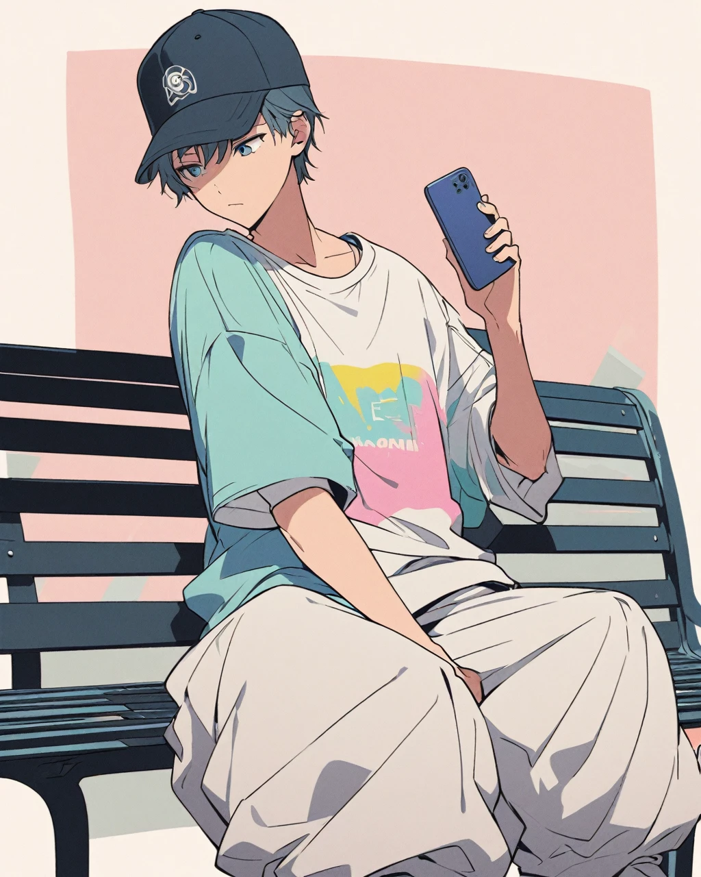 Create a detailed anime illustration of a boy with short hair in a casual streetwear outfit. He should be wearing a baseball cap, baggy pants, and a graphic t-shirt. He is seated on a bench, holding a mobile phone, with a serene expression. Use a two-tone pastel background to highlight the modern and minimalist setting.