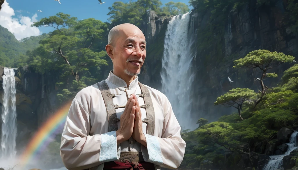 A middle-aged rather thin oriental man with a bald short beard puts his hands together，Showing goodbye，Eyes looking into the camera，Wearing a two-piece light-colored Chinese dress，Standing in the forest with waterfall，There are birds flying，There are white clouds in the blue sky，There is a rainbow above the waterfall，Beautiful and high-definition picture，The details are very clear，With depth of field