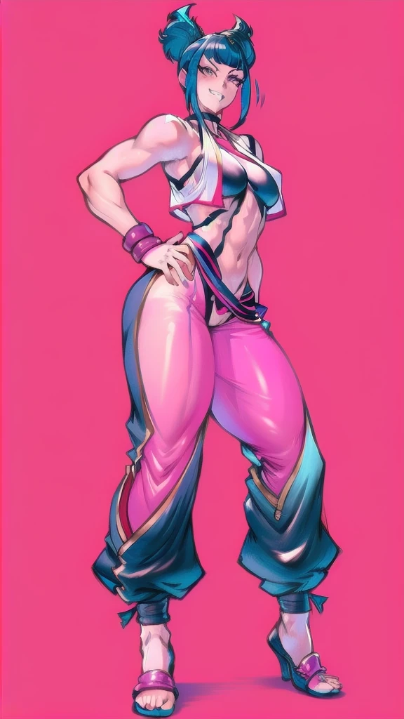 Full body image of Juri Han from Street Fighter 6, wearing her outfit from street fighter 6, harem pants, female body, athletic body, dynamic pose, detailed pose, simple background, expressive face showing a mischievous grin, focus on face, line art, sketch.
