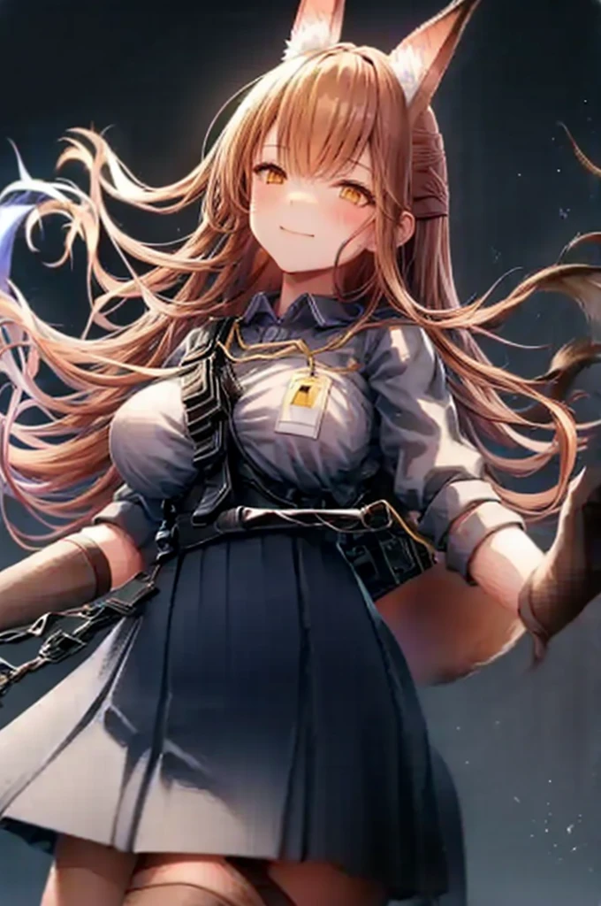 best quality, solo,Franka, 1girl, solo, long hair, large breasts, looking at viewer, flitty, blush, smile, bangs, skirt, large breasts, simple background, brown hair, shirt, thighhighs, gloves, white background, animal ears, hair between eyes, brown eyes, very long hair, closed mouth, tail, short sleeves, black gloves, elbow gloves, collared shirt, black skirt, animal ear fluff, fox ears, fox tail, fox girl, single thighhigh, grey shirt, asymmetrical legwear,