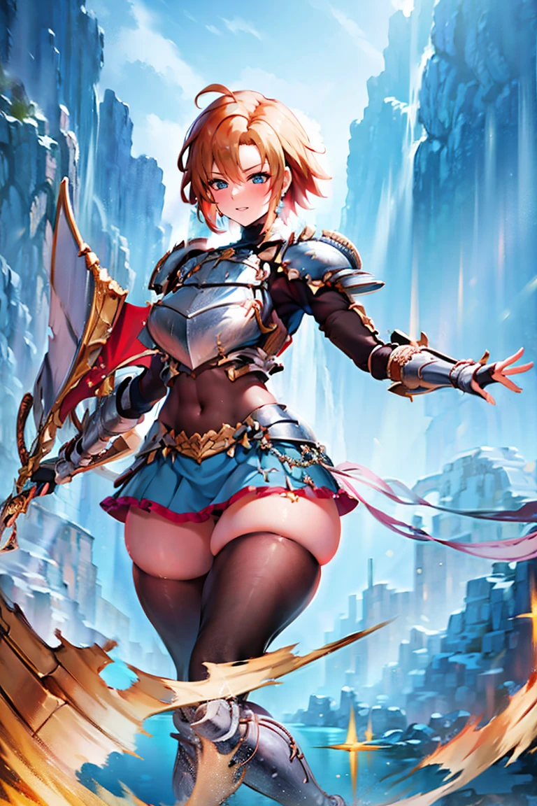 jewelry, bodysuit, fingerless gloves, knight, highleg, (((skin tight))), vambraces, arm guards, (((faulds))), greaves, 1girl,solo,　gauntlets, armored boots, breastplate, pauldrons, shoulder armor, big armors, thighhighs, dare thighs, short hair, pink hair, blue eyes, adult, adult face, fearless face, curvy, perfect proportion, perfect anatomy, perfect body, armored dress knight, plate armor knight, silver knight armor, ahoge, center loincloth, (((skirt))), black legwear, black clothes, black wear, covered arms, masterpiece, masterwork, best quality, super fine illustration, beautiful, ultra detailed beautiful face, cg unity 8k wallpaper, ultra detailed, ultra high res, round face, smile, leotard, absurdres, exquisite, by famous artist, voluptuous, official art, fair skin, gleaming skin, oil skin, shiny skin, sweat, front view, two arms, both arms, perfect arms, perfect fingers, perfect hands, flame and battlefield background, shield, outdoor, perfect eyes, even eyes, symmetrical eyes, clear eyes, ultra detailed beautiful eyes, beautiful thighs, sword, under armor, navel covered clothes,