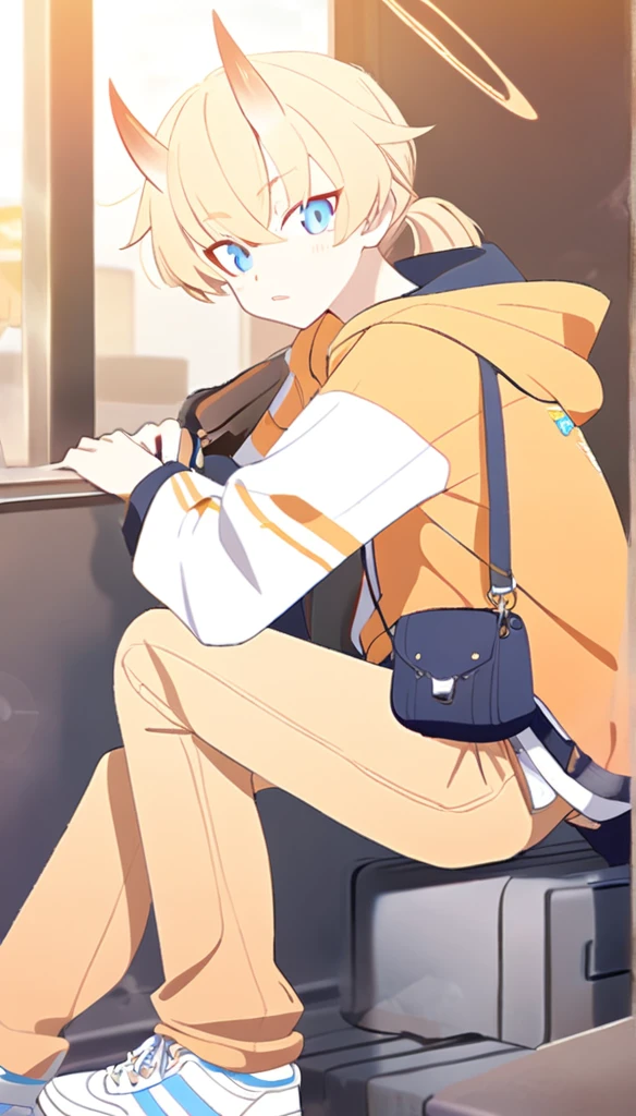 A 16 years old boy, white shoes, Latte coloured jeans, Pastel orange hoodie, oni horns, fox tail, Blue eyes, blonde hair, Orange halo, ponytail, (Blue Archive character)